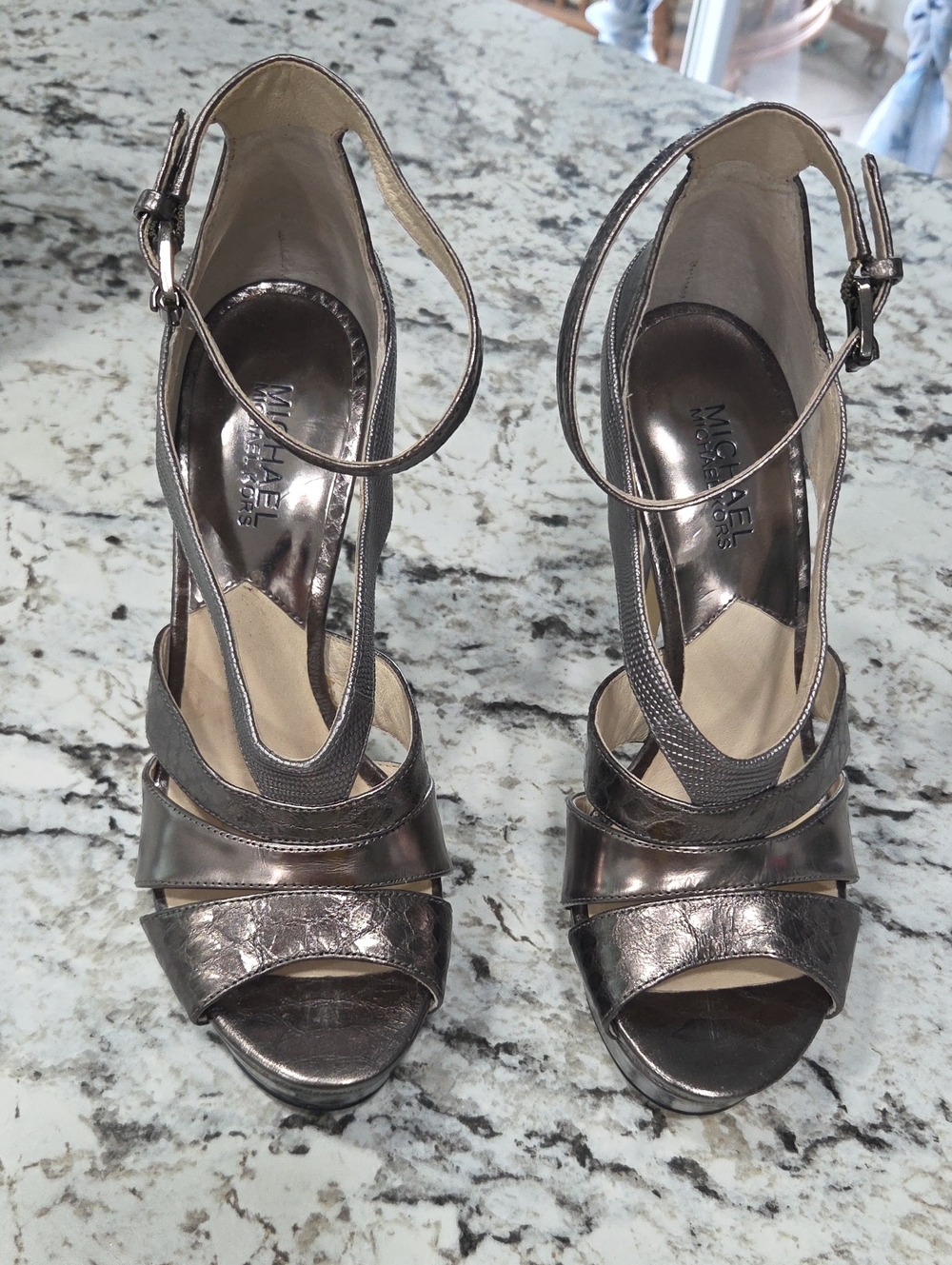 Michael Kors Metallic Pewter Strappy Platform Heels